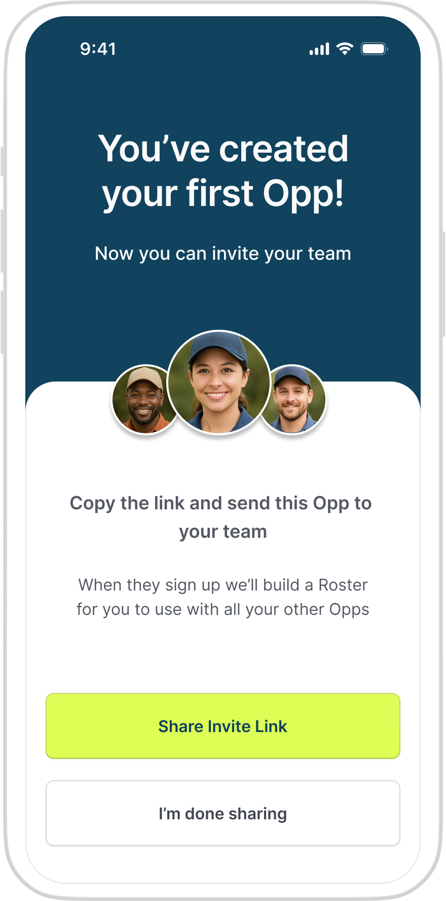 Admin app first campaign confirmation, inviting the team to join via a shareable link